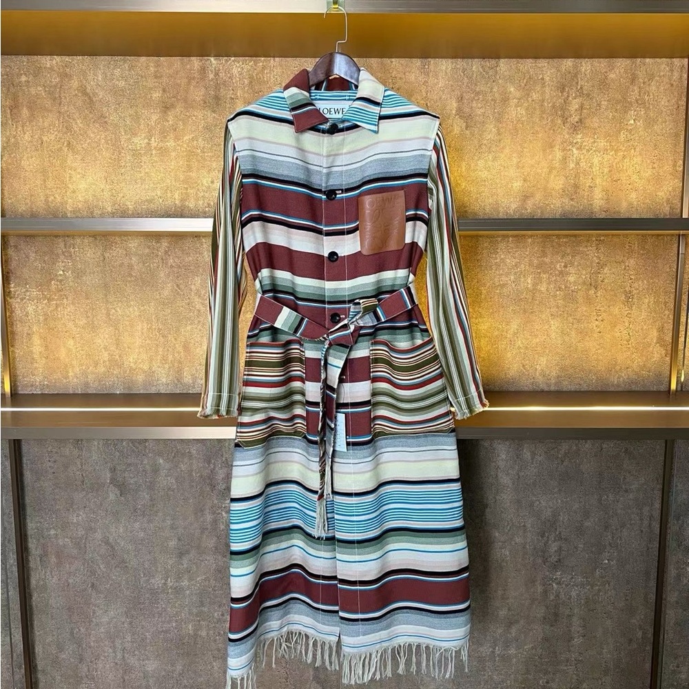 Loewe Multicolor Striped Belted Long Sleeve Coat Dress in Brown, Blue & Cream